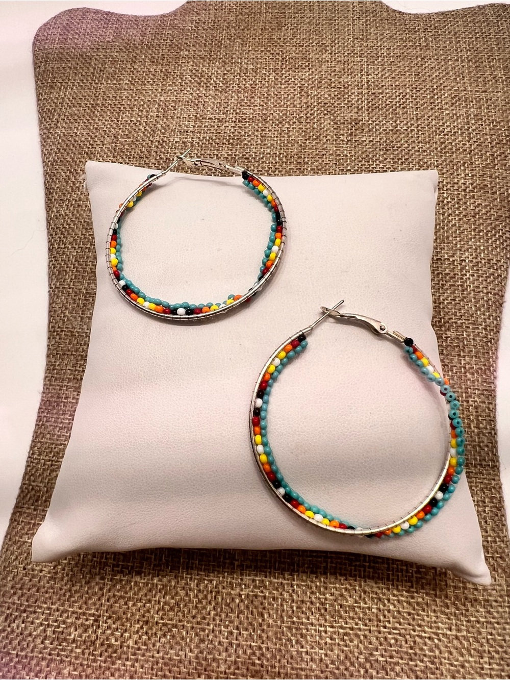 Multicolor Beaded Hoop Earrings - Turquoise, Yellow & Red